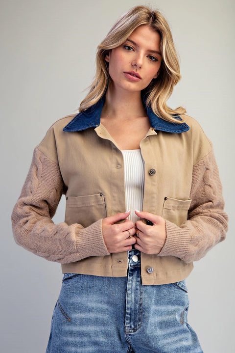 Mineral Washed Denim Knit Sleeve Jacket