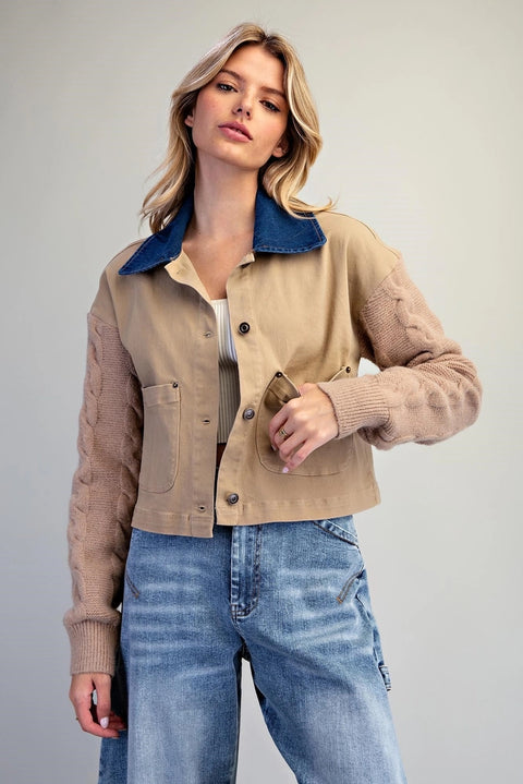 Mineral Washed Denim Knit Sleeve Jacket