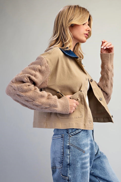 Mineral Washed Denim Knit Sleeve Jacket