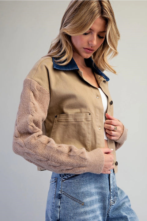 Mineral Washed Denim Knit Sleeve Jacket