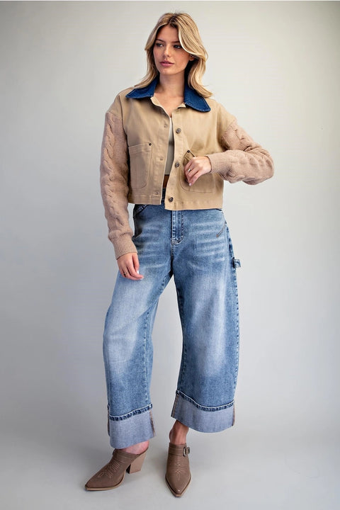 Mineral Washed Denim Knit Sleeve Jacket
