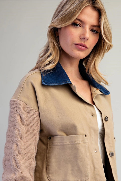 Mineral Washed Denim Knit Sleeve Jacket