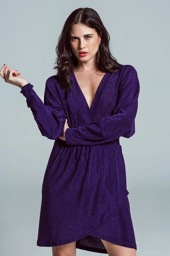 Mini Length Glitter Dress with Deep V Neck in Purple-Dress-Q2-S-Purple-Urbanheer