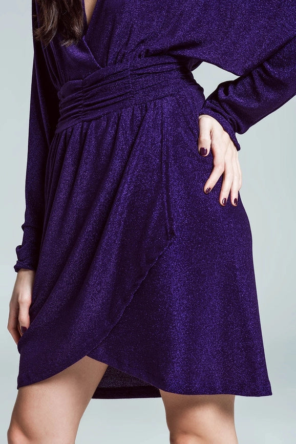 Mini Length Glitter Dress with Deep V Neck in Purple-Dress-Q2-S-Purple-Urbanheer