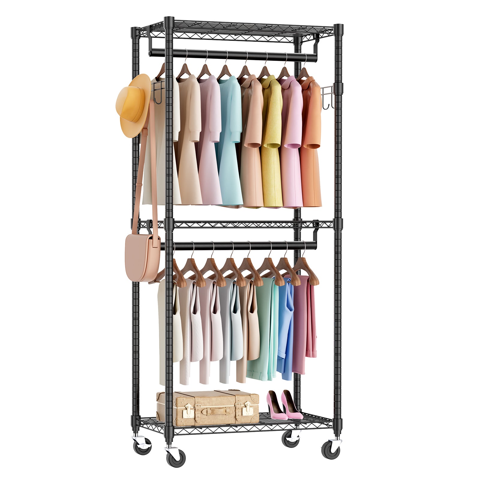 Mini Rolling Clothes Rack, Heavy Duty Garment Racks 3 Tiers Portable Adjustable Wire Shelves with-UH Decor-Default-Urbanheer
