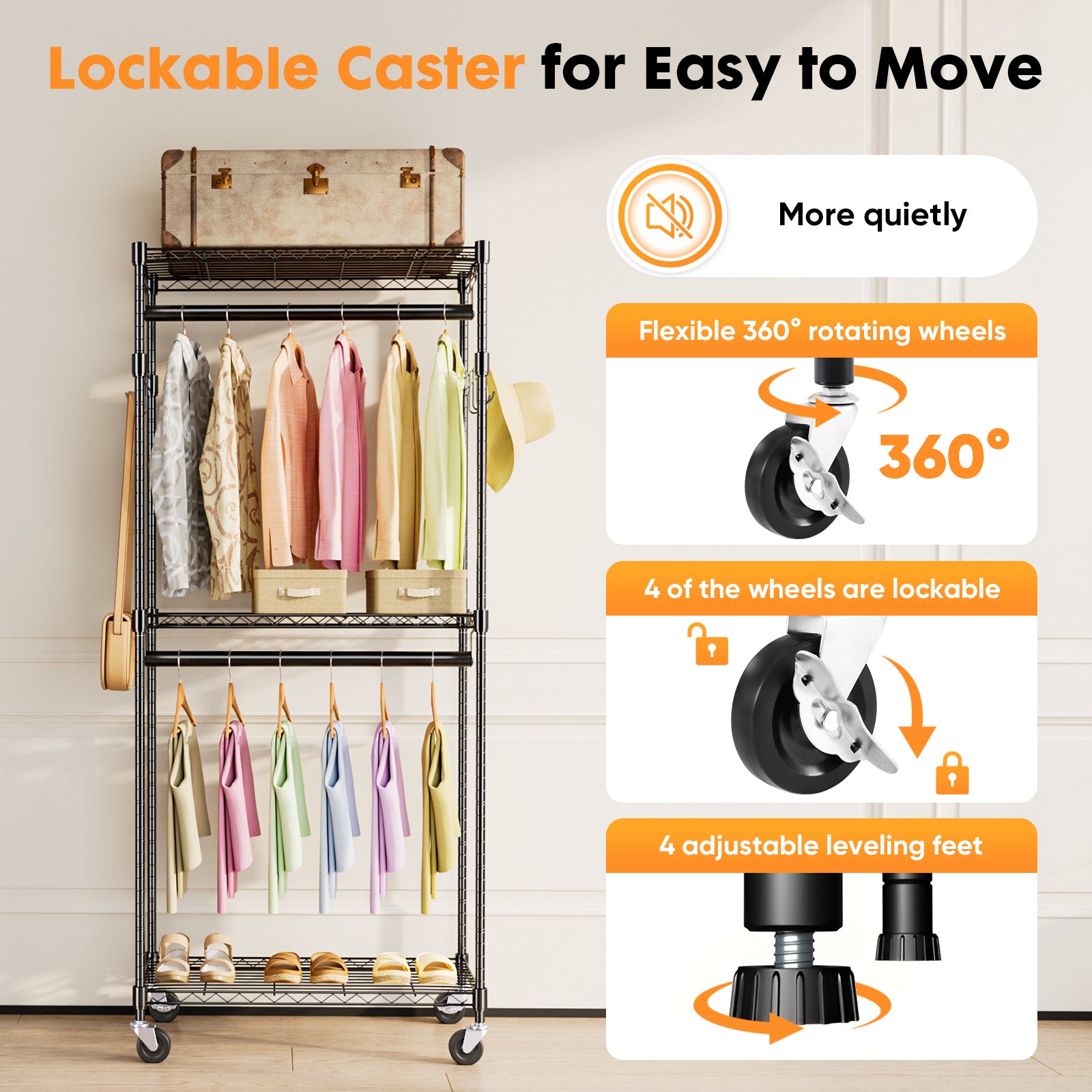 Mini Rolling Clothes Rack, Heavy Duty Garment Racks 3 Tiers Portable Adjustable Wire Shelves with-UH Decor-Default-Urbanheer