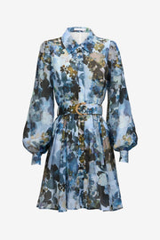 Mini Shirt Dress - Blue Floral Print-Dress-Sofia Irina-6-BLUE-Urbanheer