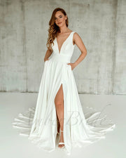 Minimalistic A Line Crepe Wedding Dress with Deep-V Neck-Wedding Dress-AmberBride.com (AmberWay LLC)-2-Urbanheer