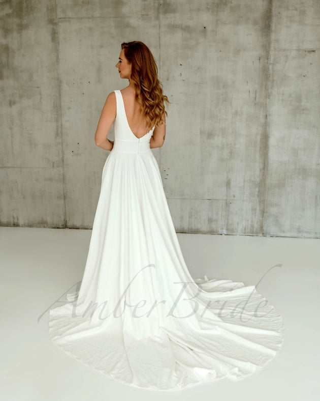 Minimalistic A Line Crepe Wedding Dress with Deep-V Neck-Wedding Dress-AmberBride.com (AmberWay LLC)-2-Urbanheer