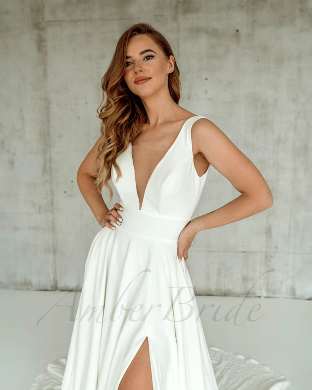 Minimalistic A Line Crepe Wedding Dress with Deep-V Neck-Wedding Dress-AmberBride.com (AmberWay LLC)-2-Urbanheer