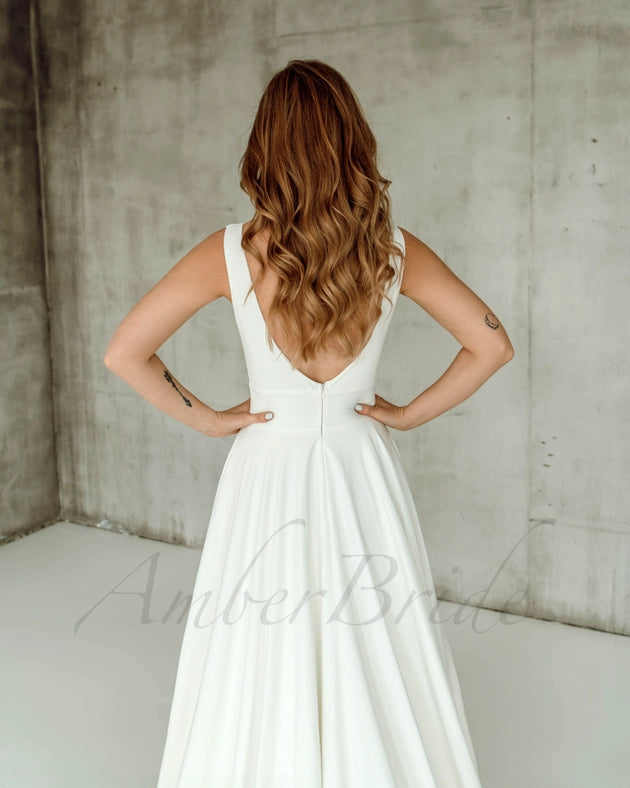 Minimalistic A Line Crepe Wedding Dress with Deep-V Neck-Wedding Dress-AmberBride.com (AmberWay LLC)-2-Urbanheer