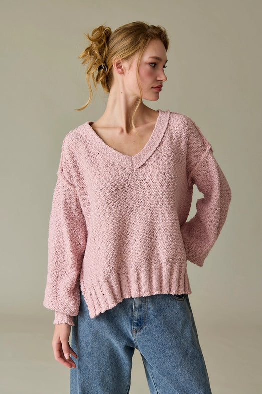 Miriam Loose Fit V-Neck Balloon Sleeve Sweater Knit Pink-Sweater-Papermoon-S-Urbanheer