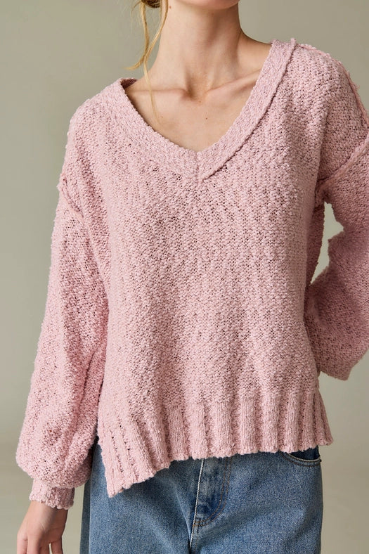 Miriam Loose Fit V-Neck Balloon Sleeve Sweater Knit Pink-Sweater-Papermoon-S-Urbanheer