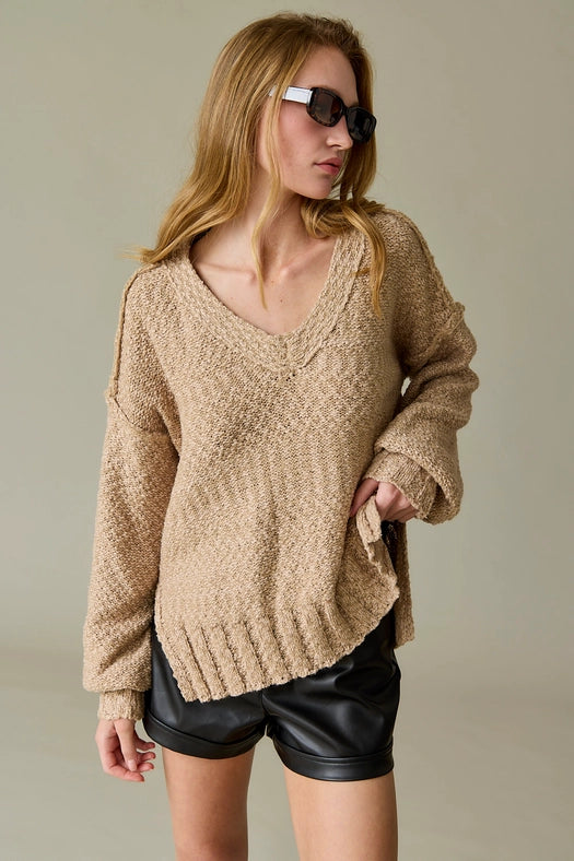 Miriam Loose Fit V-Neck Balloon Sleeve Sweater Knit TAUPE-Sweater-Papermoon-S-Urbanheer