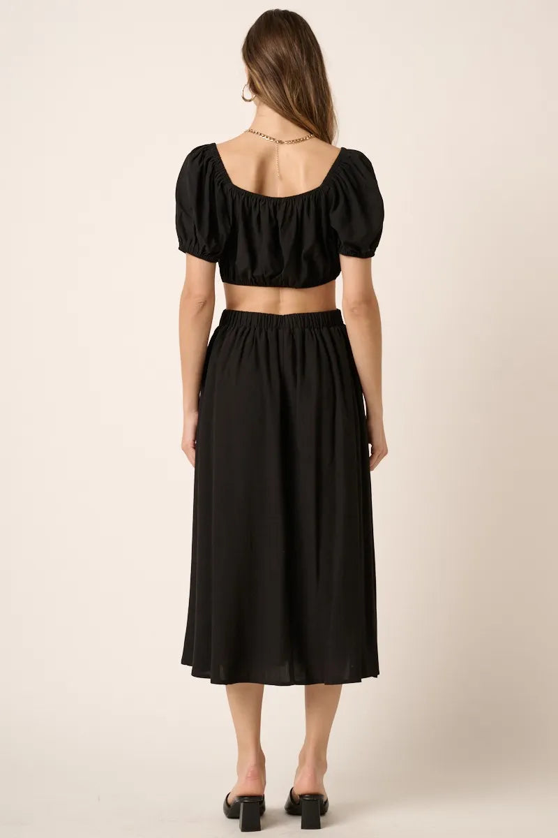 Mittoshop Cropped Puff Sleeve Blouse and Midi Skirt Set-Mittoshop-BLACK-S-Urbanheer
