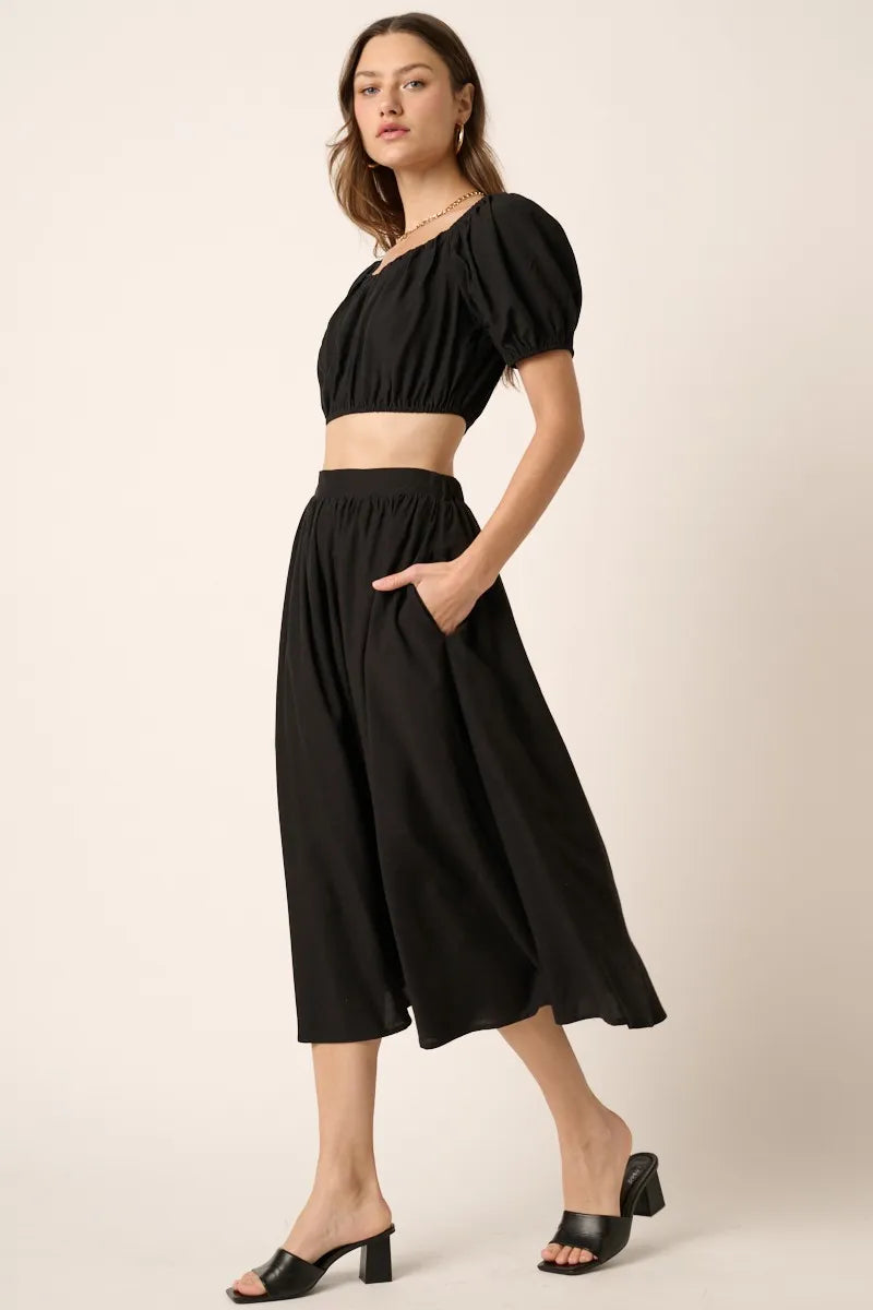 Mittoshop Cropped Puff Sleeve Blouse and Midi Skirt Set-Mittoshop-BLACK-S-Urbanheer