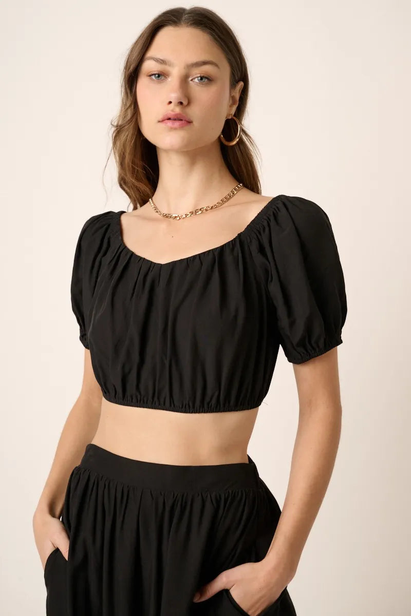 Mittoshop Cropped Puff Sleeve Blouse and Midi Skirt Set-Mittoshop-BLACK-S-Urbanheer