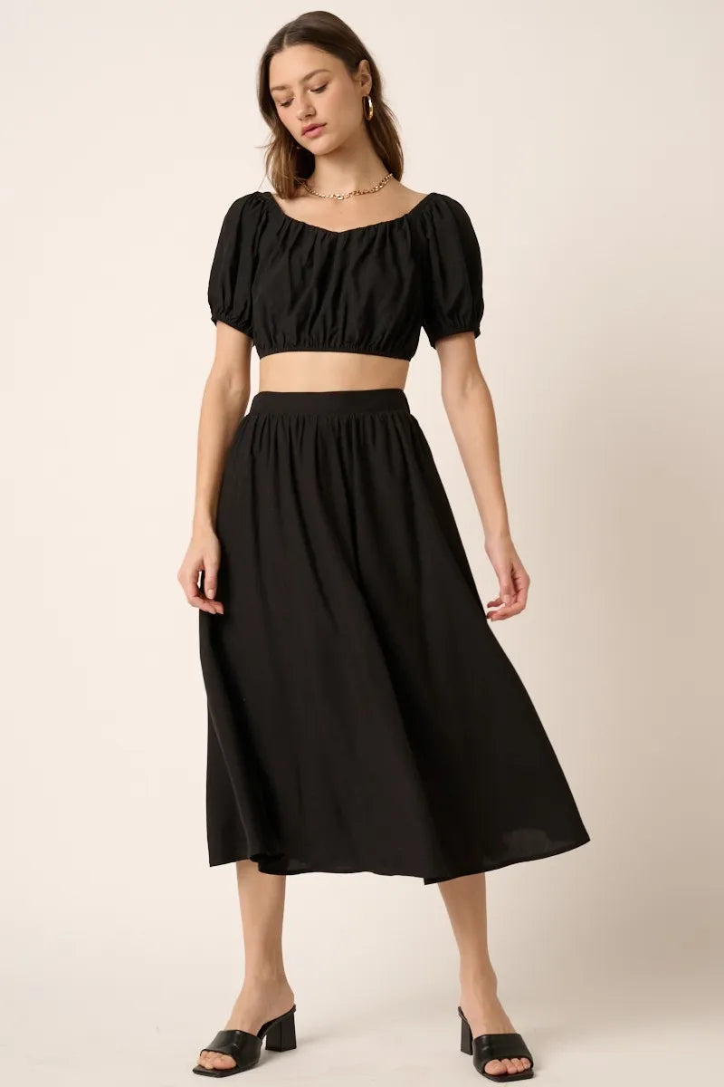Mittoshop Cropped Puff Sleeve Blouse and Midi Skirt Set-Mittoshop-BLACK-S-Urbanheer