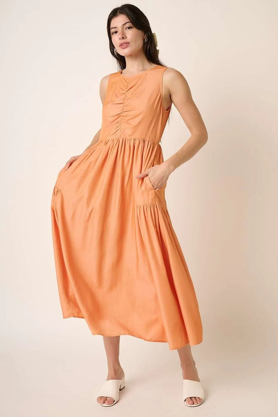 Mittoshop Ruched Detail Sleeveless Midi Dress-Mittoshop-APRICOT-S-Urbanheer
