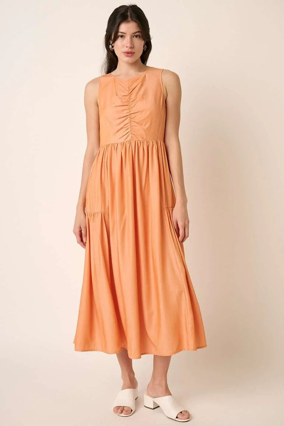 Mittoshop Ruched Detail Sleeveless Midi Dress-Mittoshop-APRICOT-S-Urbanheer