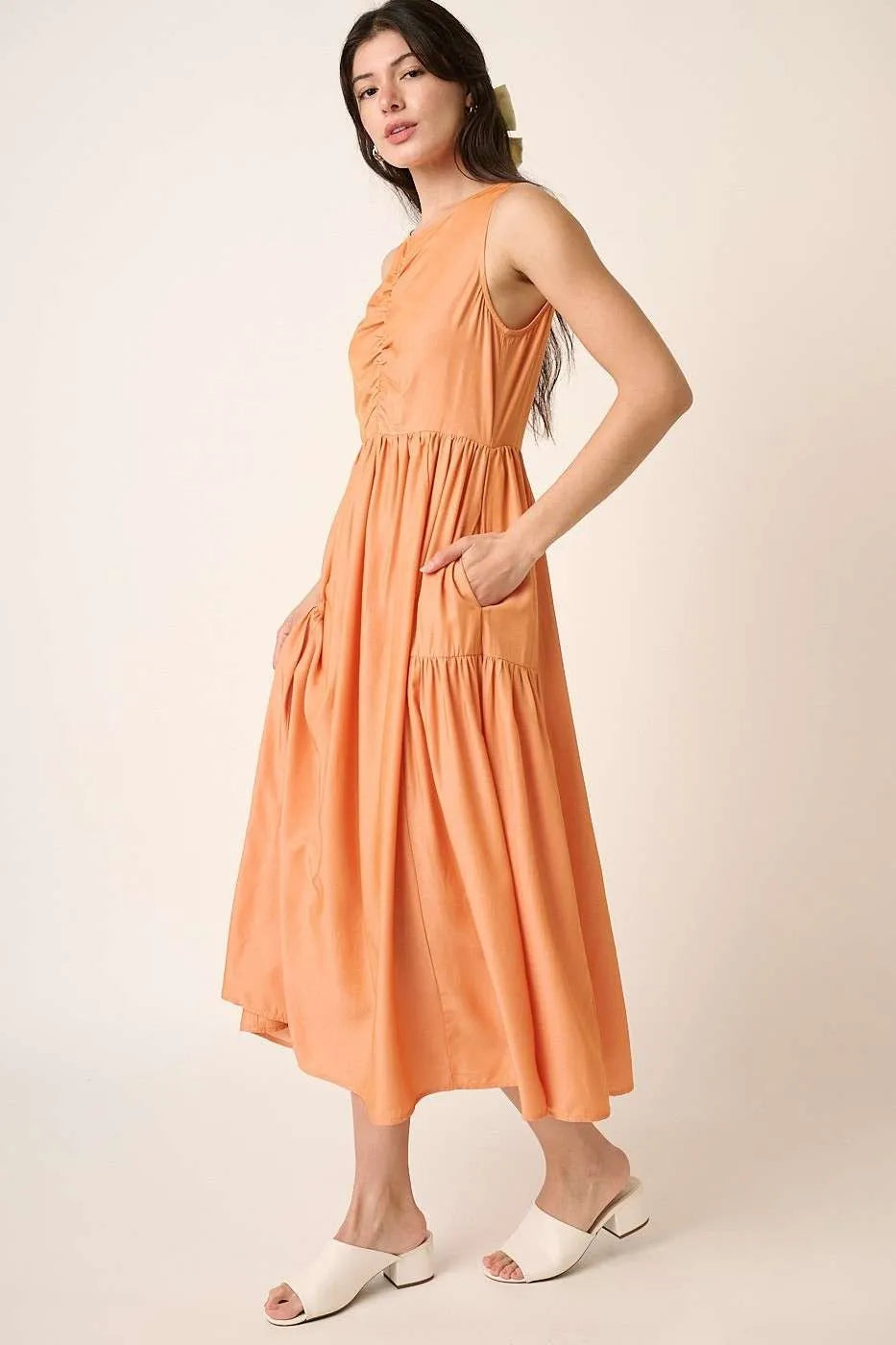 Mittoshop Ruched Detail Sleeveless Midi Dress-Mittoshop-APRICOT-S-Urbanheer