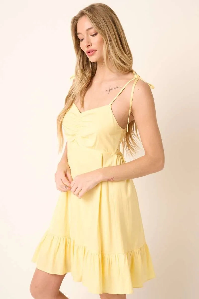 Mittoshop Ruched Detail Spaghetti Tie Mini Dress-Mittoshop-YELLOW-S-Urbanheer