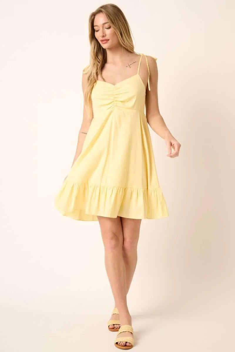 Mittoshop Ruched Detail Spaghetti Tie Mini Dress-Mittoshop-YELLOW-S-Urbanheer
