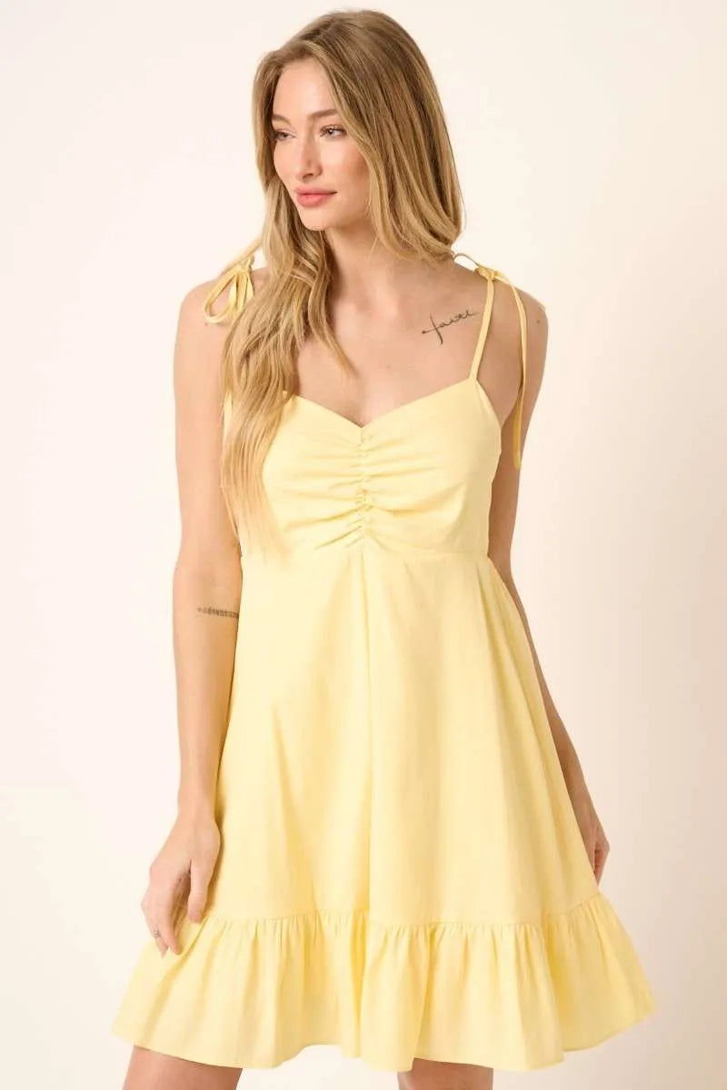 Mittoshop Ruched Detail Spaghetti Tie Mini Dress-Mittoshop-YELLOW-S-Urbanheer