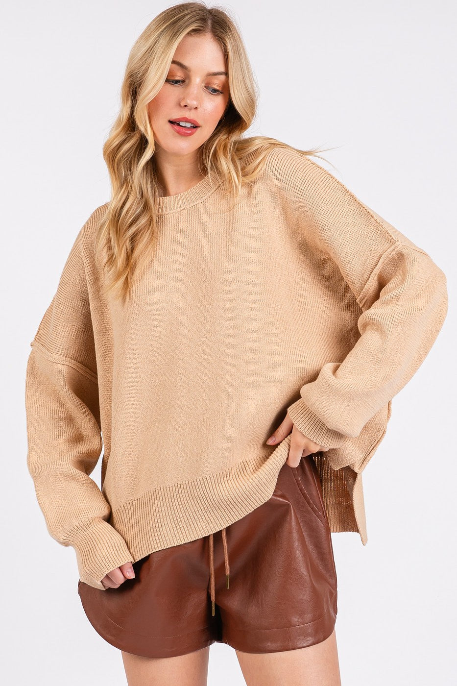 Mittoshop Side Slit Round Neck Drop Shoulder Sweater-Street 360-Tan-S-Urbanheer