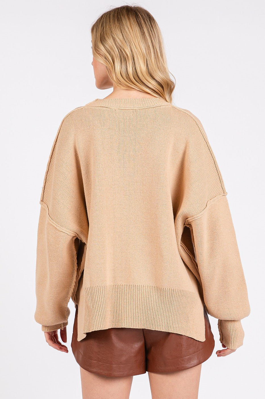 Mittoshop Side Slit Round Neck Drop Shoulder Sweater-Street 360-Tan-S-Urbanheer