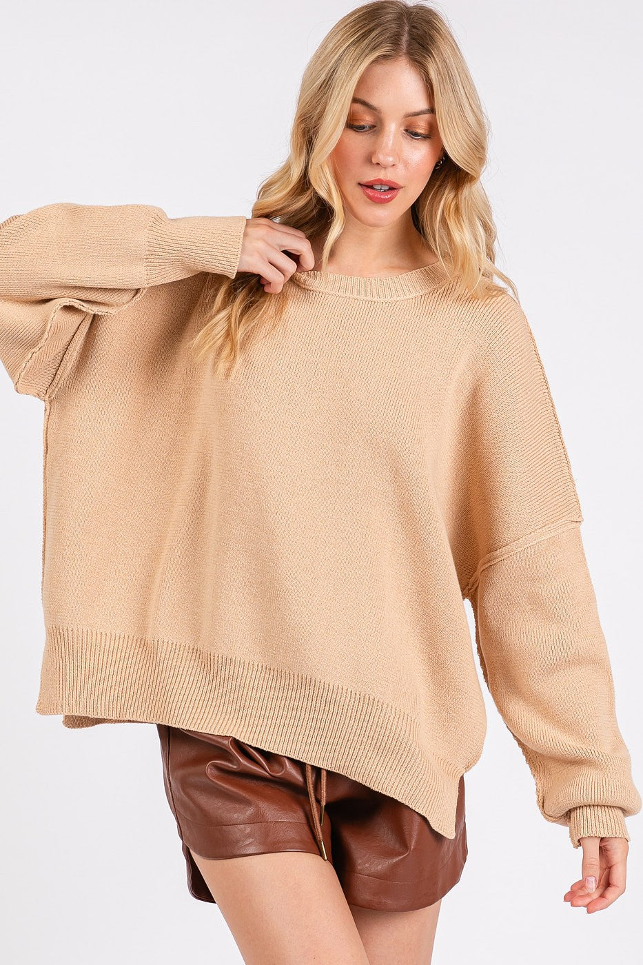 Mittoshop Side Slit Round Neck Drop Shoulder Sweater-Street 360-Tan-S-Urbanheer