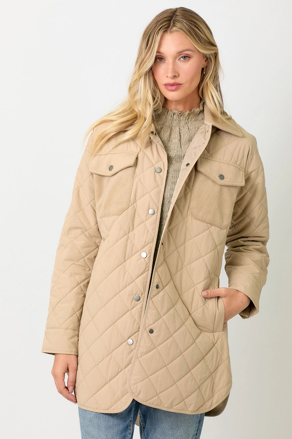 Mix Media Quilting Jacket in Khaki