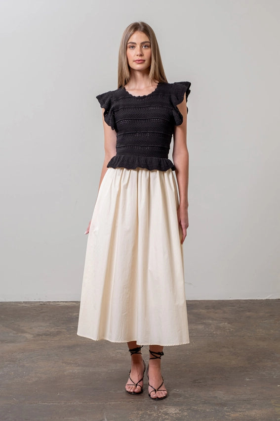 Mix Media Ruffle Detail Short Sleeve Midi Dress BLACK-Dress-Moon River-XS-BLACK-Urbanheer