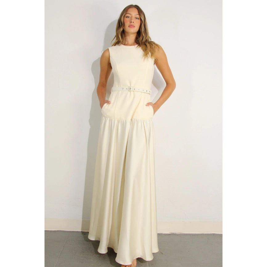 Mixed Fabric Belted Maxi Dress CREAM-Dress-Mulla-S-CREAM-Urbanheer