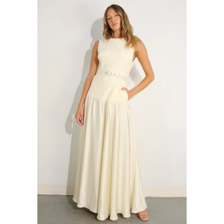 Mixed Fabric Belted Maxi Dress CREAM-Dress-Mulla-S-CREAM-Urbanheer
