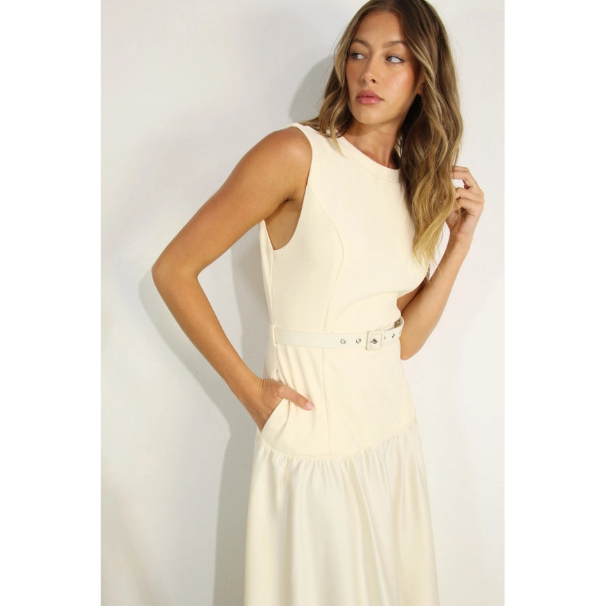 Mixed Fabric Belted Maxi Dress CREAM-Dress-Mulla-S-CREAM-Urbanheer