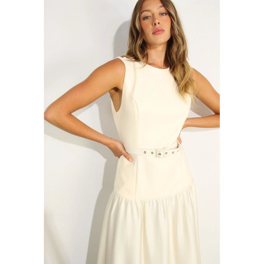Mixed Fabric Belted Maxi Dress CREAM-Dress-Mulla-S-CREAM-Urbanheer