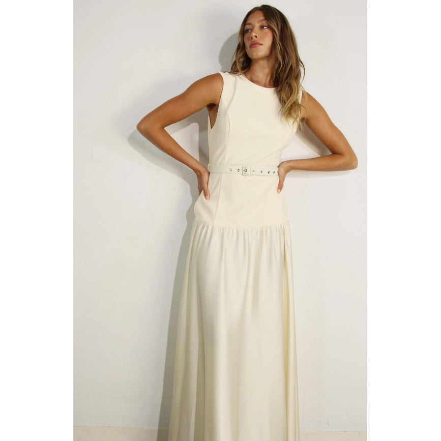 Mixed Fabric Belted Maxi Dress CREAM-Dress-Mulla-S-CREAM-Urbanheer