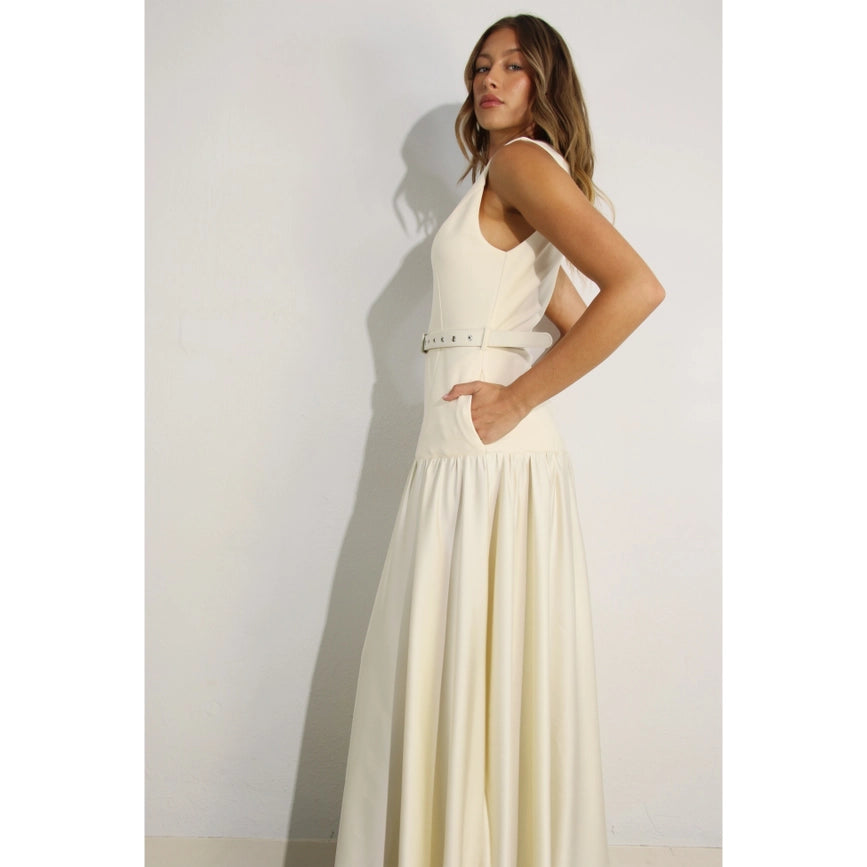 Mixed Fabric Belted Maxi Dress CREAM-Dress-Mulla-S-CREAM-Urbanheer