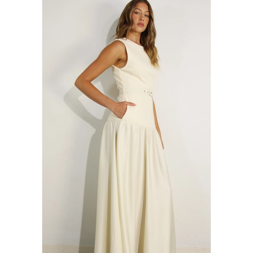 Mixed Fabric Belted Maxi Dress CREAM-Dress-Mulla-S-CREAM-Urbanheer