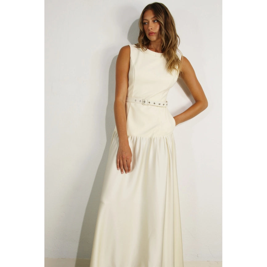 Mixed Fabric Belted Maxi Dress CREAM-Dress-Mulla-S-CREAM-Urbanheer