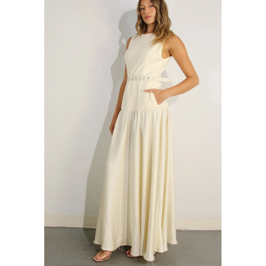 Mixed Fabric Belted Maxi Dress CREAM-Dress-Mulla-S-CREAM-Urbanheer