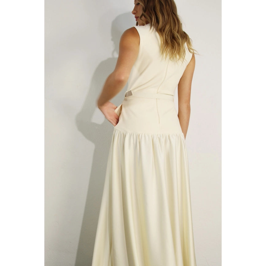 Mixed Fabric Belted Maxi Dress CREAM-Dress-Mulla-S-CREAM-Urbanheer