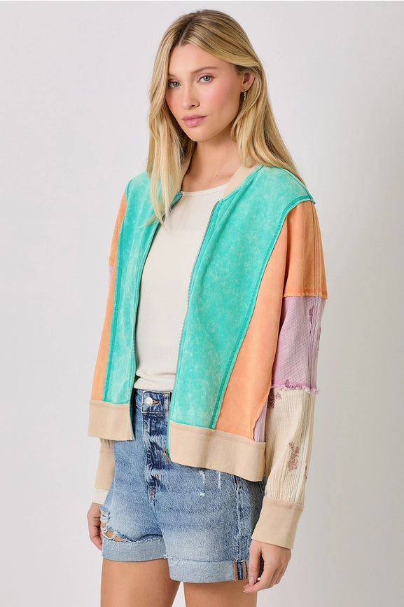 Mixed Media Color Blocked Jacket Emerald Mix-Jacket-Mystree-S-Emerald Mix-Urbanheer