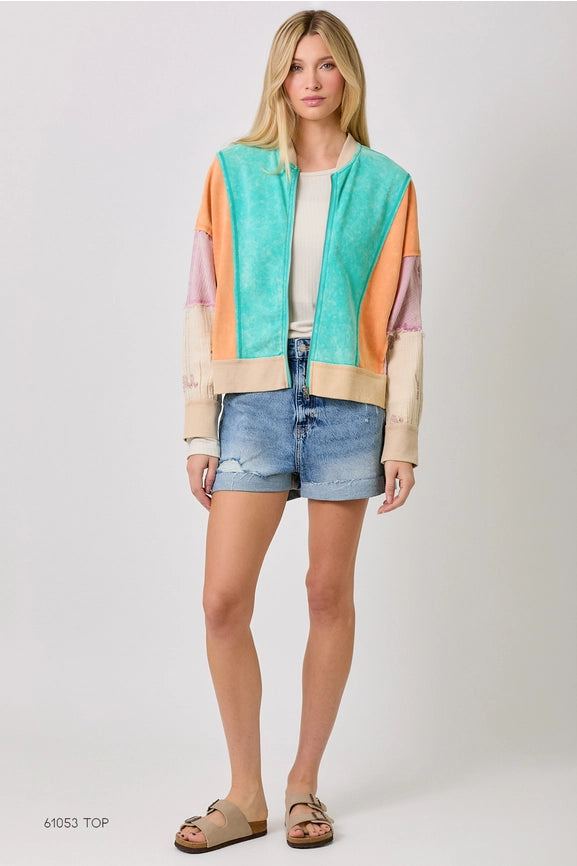 Mixed Media Color Blocked Jacket Emerald Mix-Jacket-Mystree-S-Emerald Mix-Urbanheer