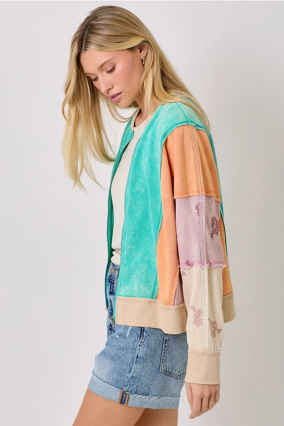 Mixed Media Color Blocked Jacket Emerald Mix-Jacket-Mystree-S-Emerald Mix-Urbanheer