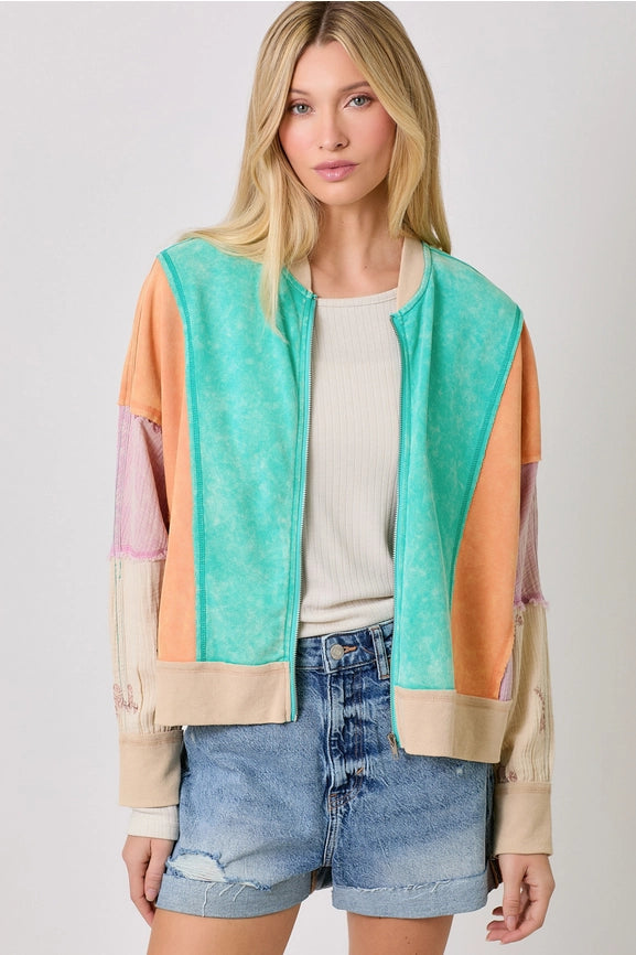 Mixed Media Color Blocked Jacket Emerald Mix-Jacket-Mystree-S-Emerald Mix-Urbanheer