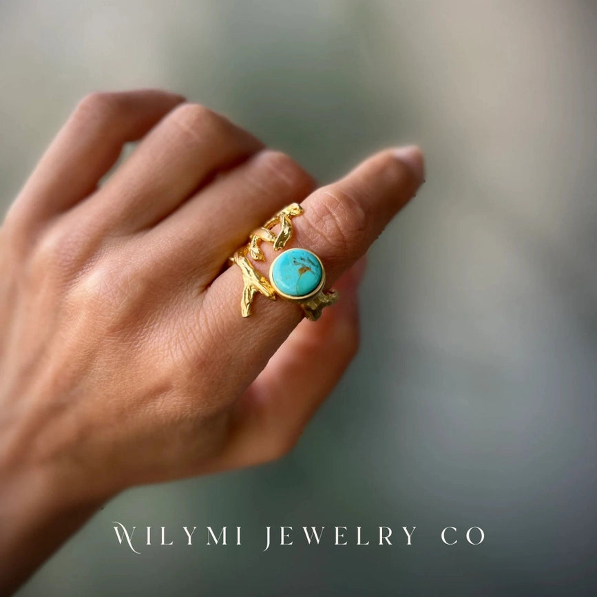 Mm 10mm Round Turquoise Ring I 24K Gf I Adjustable-Ring-WILYMI Jewelry Co-1.1 in (2.8 cm)-Urbanheer