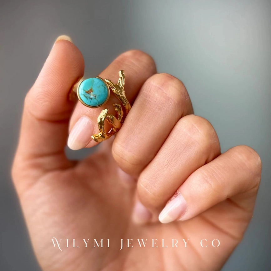 Mm 10mm Round Turquoise Ring I 24K Gf I Adjustable-Ring-WILYMI Jewelry Co-1.1 in (2.8 cm)-Urbanheer