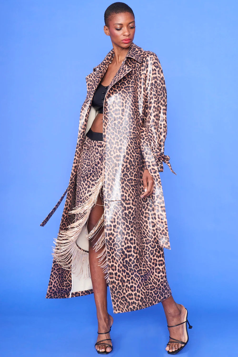Mocha Banana Peel Eco Leather Leopard Print Trench Coat-2